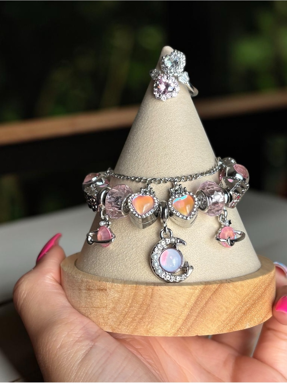 Silver Pink Opal Moon Charm Bracelet and Ring